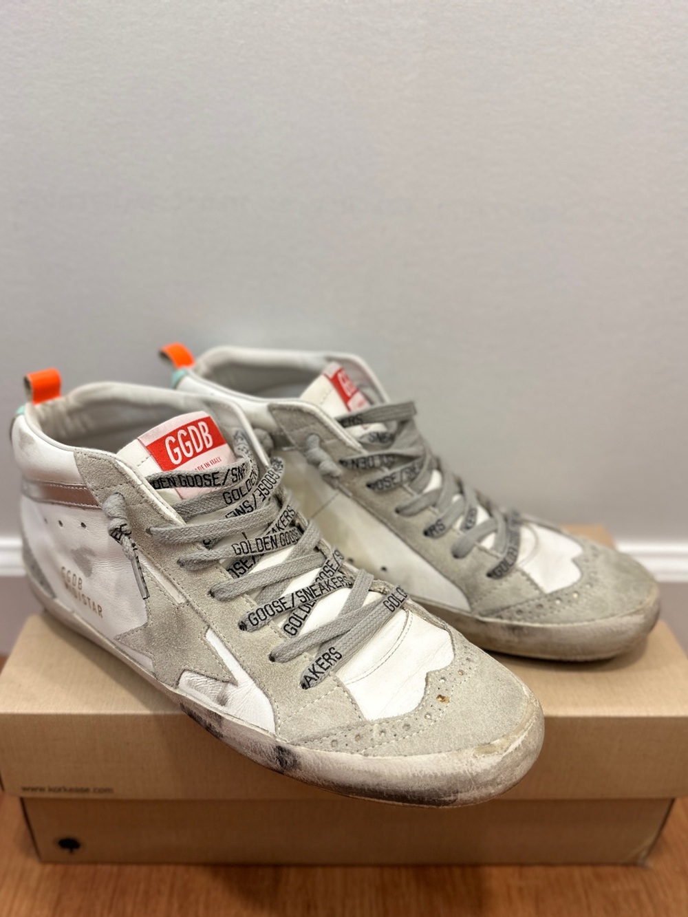 Golden Goose GGDB White & Light Gray Mid Top Sneakers, Sz 38